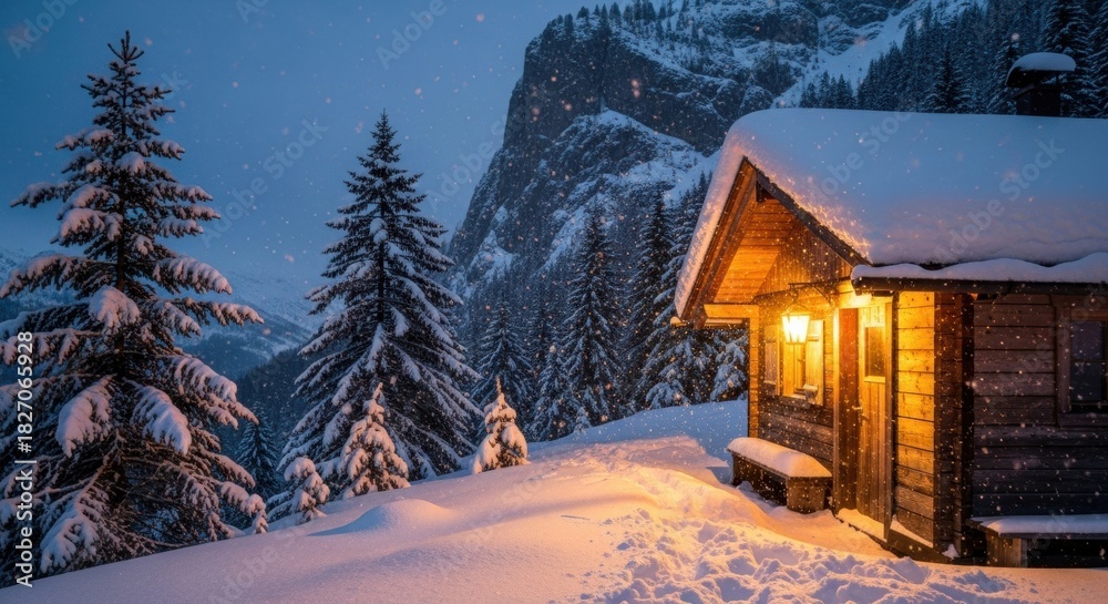 Fototapeta premium Rustic wooden cabin with a warm glowing light is nestled in a snowy mountain forest during a magical winter evening with heavy falling snow