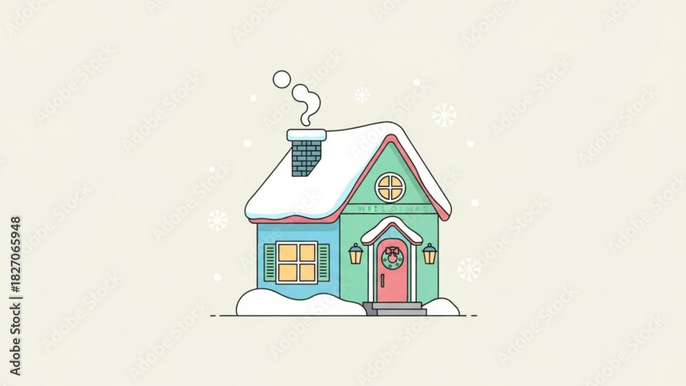 Fototapeta premium Charming winter house illustration with snow-covered roof and festive wreath, perfect for holiday cards, seasonal promotions, and creating a cozy atmosphere
