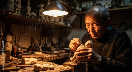 Wallpaper Mural Elderly Asian craftsman carving a small wooden figurine with a chisel in his dimly lit, traditional workshop, with sawdust particles illuminated by a warm pendant lamp Torontodigital.ca