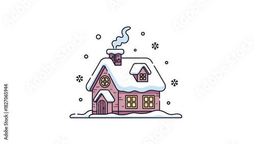 Charming winter cabin covered in snow, smoke rising from the chimney, holiday season illustration for festive designs, adding warmth and cheer to any project