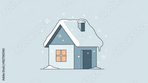 Cozy snow covered house during winter holiday season, bringing feelings of home and warmth, perfect for greeting cards and seasonal designs