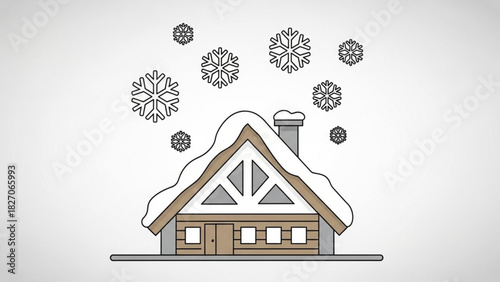 Cozy winter cabin covered in snow with falling snowflakes, perfect for holiday greetings and seasonal promotions, originally a scalable vector graphic