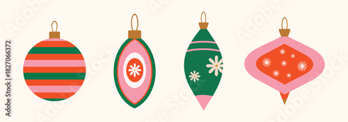Christmas baubles set with trendy geometric ornament. Merry Christmas background for decorations, gift, greeting card, poster. Xmas balls in flat, minimalist, hand drawn, style. Isolated vector illust