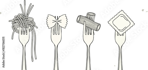 Illustrated Pasta Varieties on Forks A Culinary Journey in Black and White
