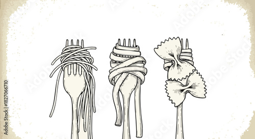 Vintage style sketch illustration showcasing different kinds of Italian pasta twirled on classic forks