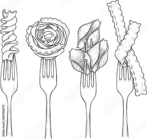 A collection of various pasta types on forks, presented as a beautiful hand-drawn vector line art illustration concept for Italian cuisine
