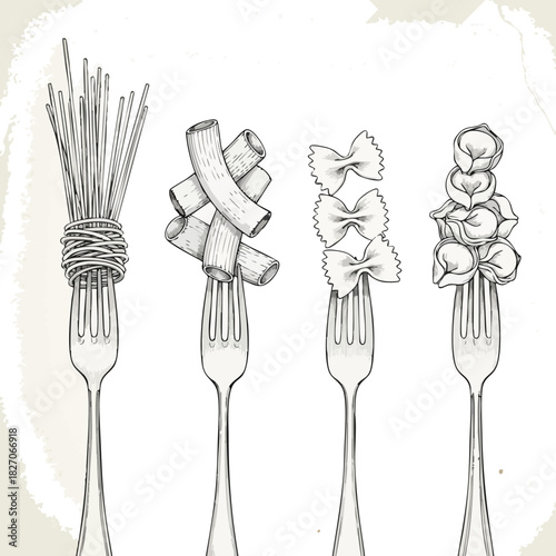 Pasta Types Illustration on Forks Spaghetti, Rigatoni, Farfalle, and Tortellini