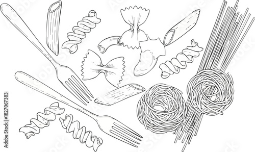 Detailed black and white line art illustration of various uncooked pasta shapes, including spaghetti, penne, and farfalle, with dining forks, ideal for culinary and Italian recipe designs