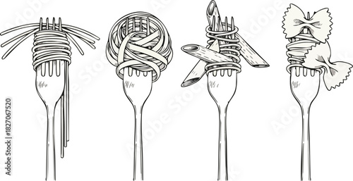Hand-drawn sketch illustration of Italian pasta variety on forks, including spaghetti, penne, and farfalle in a linear style