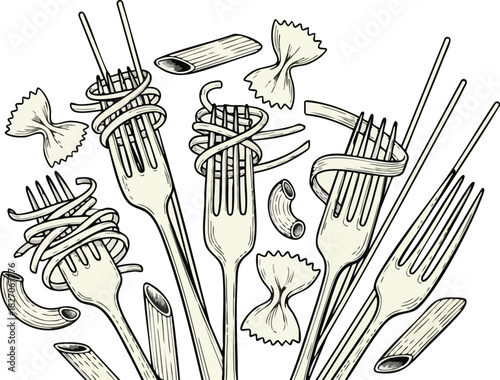 Hand-drawn illustration of assorted pasta dishes with forks and bow-tie shapes