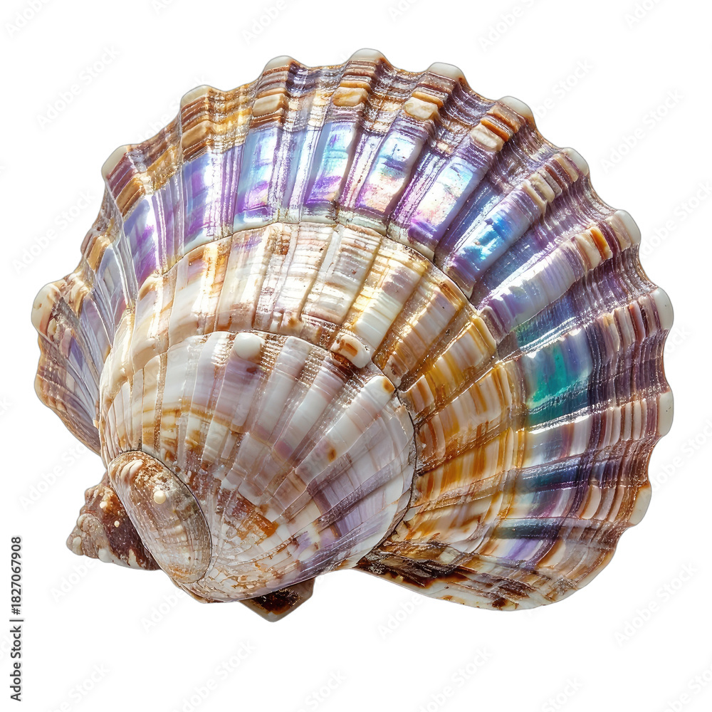 Fototapeta premium Close-up macro shot of a vibrant, iridescent seashell against a stark black background.