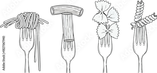 Elegant Pasta Variety Exquisite Illustration of Spaghetti, Rigatoni, Bow Ties, and Rotini on Forks