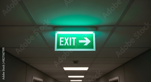 Emergency exit sign in modern office corridor with green illumination for safety and guidance