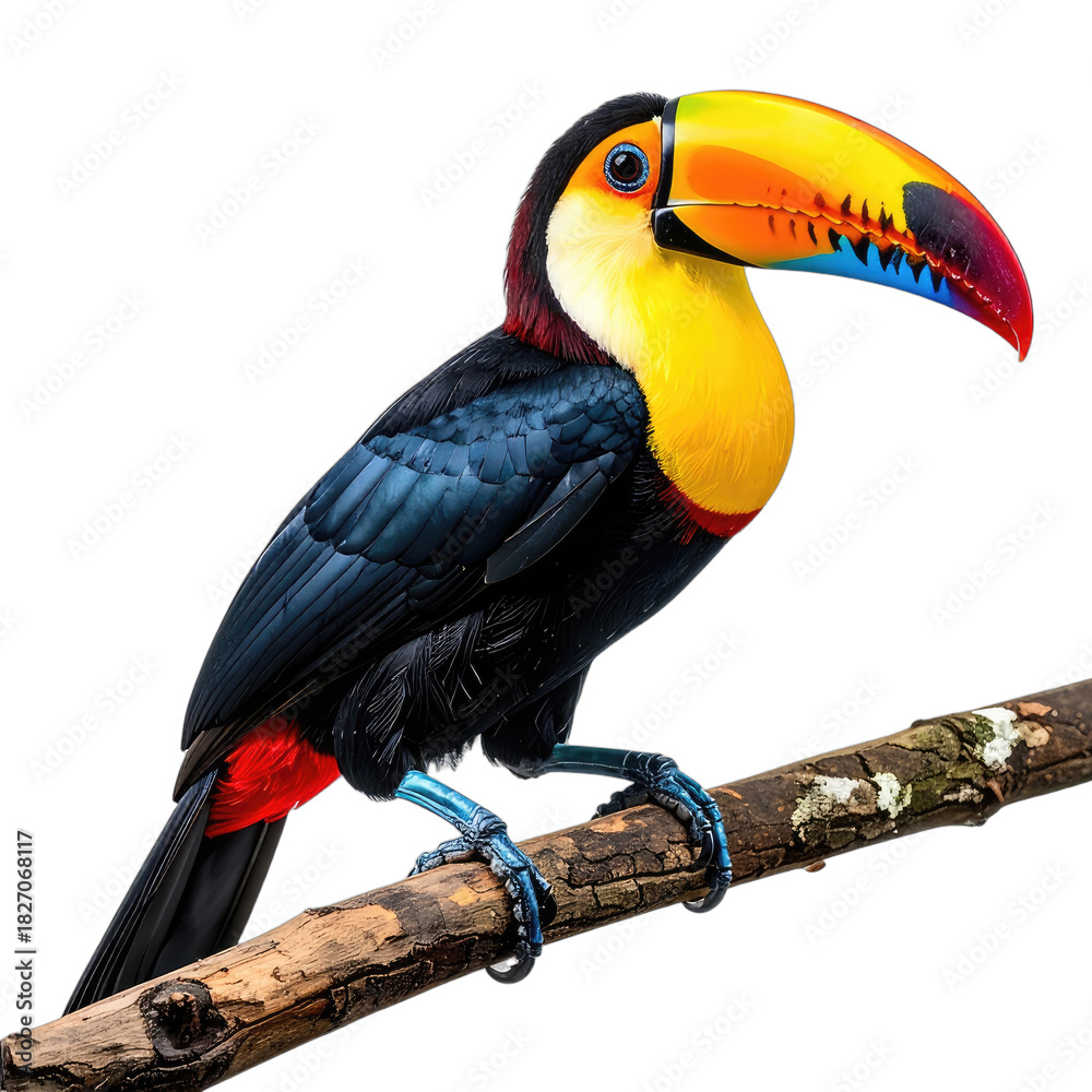Fototapeta premium Vibrant Toucan with a Rainbow Beak Perched on a Branch Against Black
