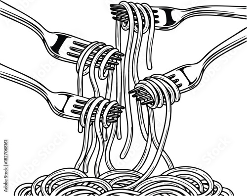 Striking monochrome line art illustration featuring multiple forks expertly twirling and lifting generous strands of spaghetti, capturing the delicious essence of a classic pasta meal