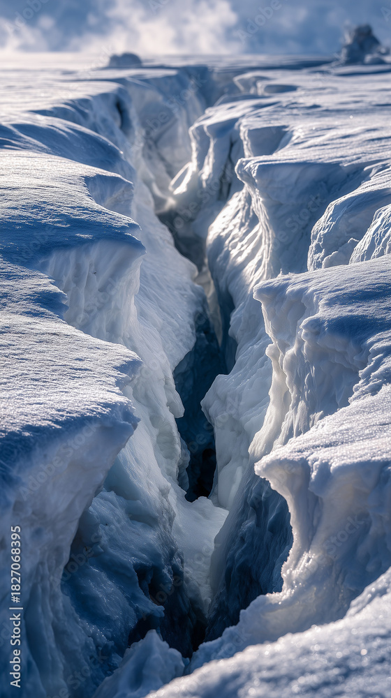 Obraz premium Deep snow crevasse revealing blue ice in winter landscape 
