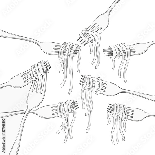 Creative illustration of multiple forks twirling spaghetti, representing a communal dining experience and shared culinary enjoyment