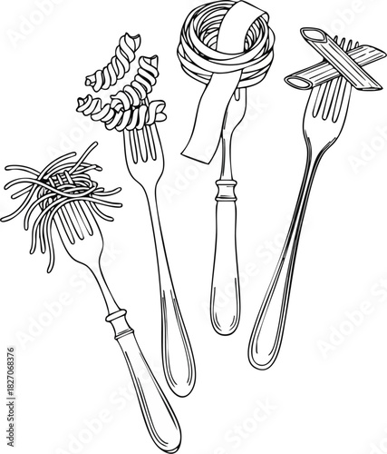 Forkful Pasta Illustration Collection Diverse Shapes and Pasta Varieties on Forks for Culinary Designs