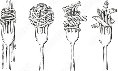 A detailed hand-drawn illustration set of four forks, each holding a different variety of Italian pasta like spaghetti, fusilli, and penne