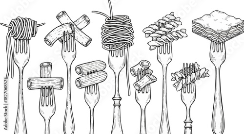 Monochrome vector illustration showcasing a delicious assortment of Italian pasta, each delicately presented on a fork, highlighting culinary diversity and elegant cuisine