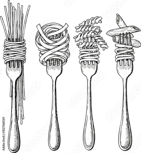 An elegant black and white illustration depicting various Italian pasta types artfully arranged on forks, showcasing classic culinary elements and Italian food