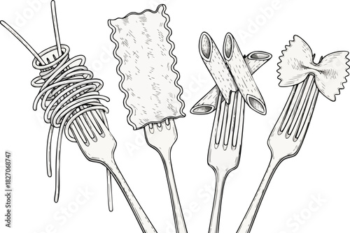 Pasta on Forks A Variety of Italian Noodle Illustrations
