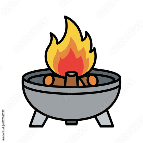 Campfire in a fire pit with burning logs and flames.