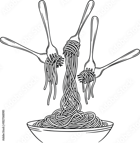 Whimsical Spaghetti Serenade Forks Dancing with Delight in a Culinary Illustration