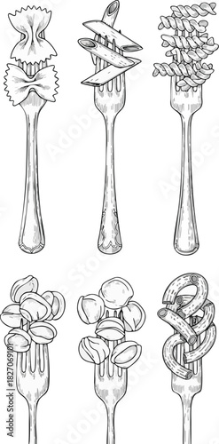 An assortment of classic Italian pasta on forks, presented as a detailed hand-drawn vector sketch illustration set