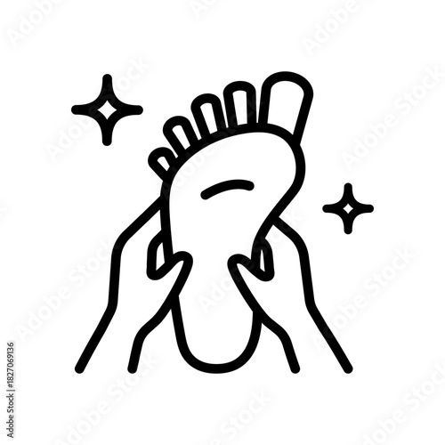 Reflexology foot massage by hand fingers. Arthritis foot care or leg therapy symbol. Toe spa reflex treatment. Foot care outline icon.