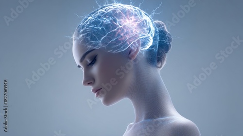 A young woman stands with her profile visible while a glowing brain with electric sparks hovers above her head. This represents the connection between thoughts and energy.