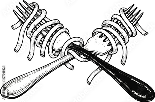 Entwined Spaghetti Forks A Culinary Illustration of Two Forks Tied with Pasta