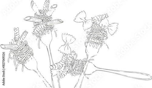 Conceptual black and white vector sketch showcasing different kinds of Italian pasta elegantly arranged on several forks