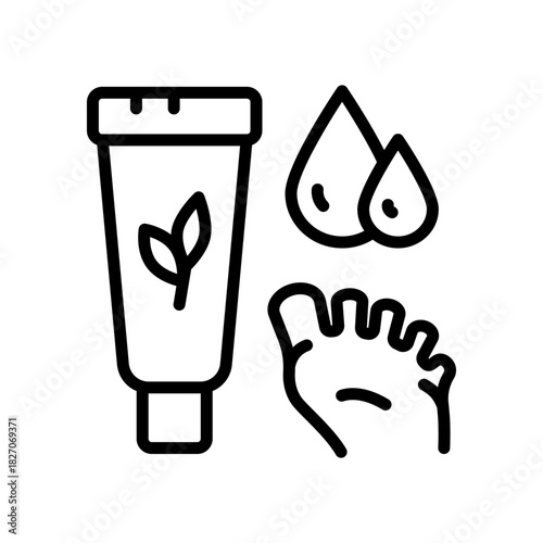 Foot cream jar. Foot care. Moisturizing lotion. Hydrating skincare product. Organic cosmetics symbol. Foot hygiene, Healthy feet, Foot treatment, Pedicure. Vector isolated outline icon.