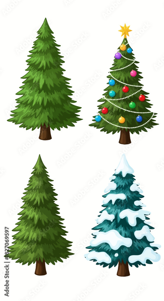 Fototapeta premium Four Christmas Trees - Unadorned, Decorated, Cartoon, and Snow-Covered.