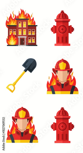 Firefighting Elements - Burning Building, Hydrants, Shovel, and Firefighters in Action.