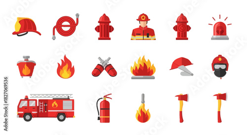 Firefighting Equipment and Firefighter Icons - A Comprehensive Set.