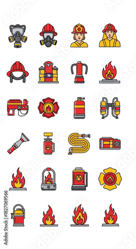Firefighting Equipment Icons - A Collection of Essential Tools and Gear.