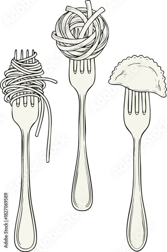 Pasta Varieties on Forks Culinary Illustration