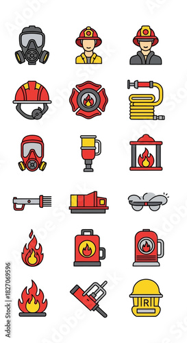 Firefighting Equipment Icons - Essential Tools for Firefighters and Emergency Responders.