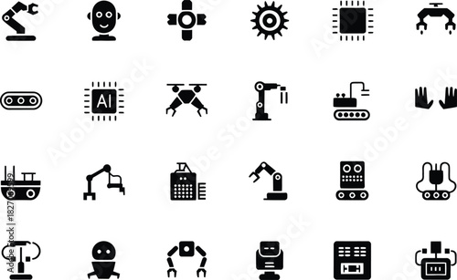 Vector Icon Set of Robots and Automated Manufacturing Systems