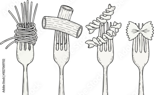 A delightful illustration of four forks, each holding a different variety of Italian pasta, showcasing culinary artistry