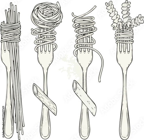 Pasta on Forks An Artistic Illustration of Various Noodle Shapes and Culinary Traditions