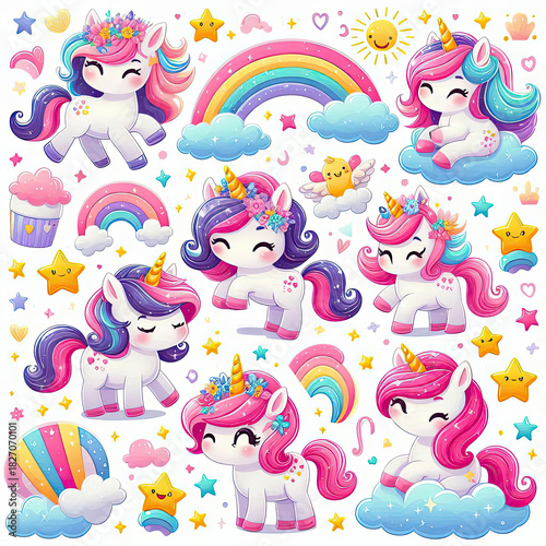 Cute unicorn set with rainbow, stars and hearts. Bright colorful characters perfect for stickers, kids decor, stationery, prints, and kawaii-themed designs.
