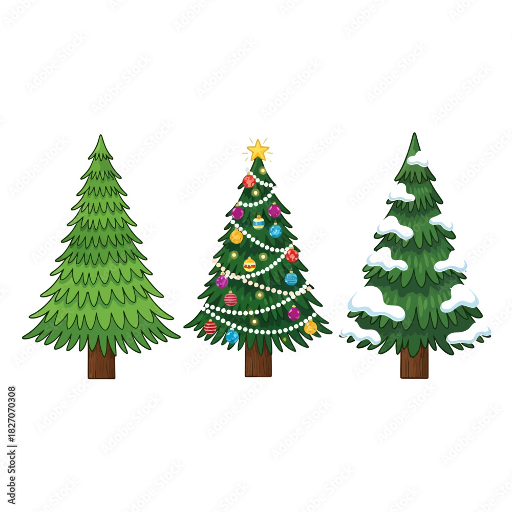 Fototapeta premium Three Christmas Trees - Plain, Decorated, and Snow-Covered Holiday Cheer.
