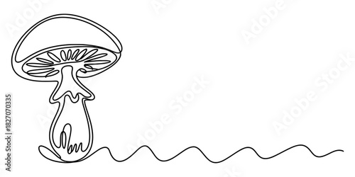 Continuous line art illustration of a minimalist mushroom, an elegant flowing wavy stem design, representing growth, nature, and organic connection Vector, illustration