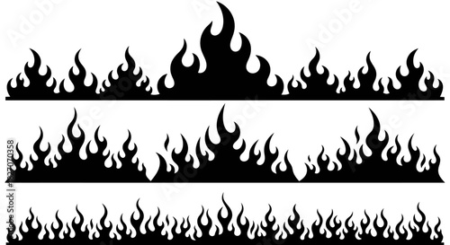 Three Rows of Black Fire Flames on White Background.