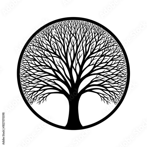 Tree of Life Symbol in Circular Frame - A Silhouette Illustration.