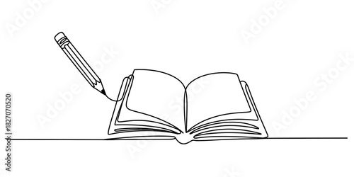 Continuous one line drawing of an open book with a pencil. minimalist design symbolizing education, creativity, and knowledge. Vector, illustration
