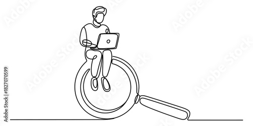 Continuous line drawing of a person sitting on a giant magnifying glass and working on a laptop, symbolizing digital search, research, and analysis. Vector, illustration